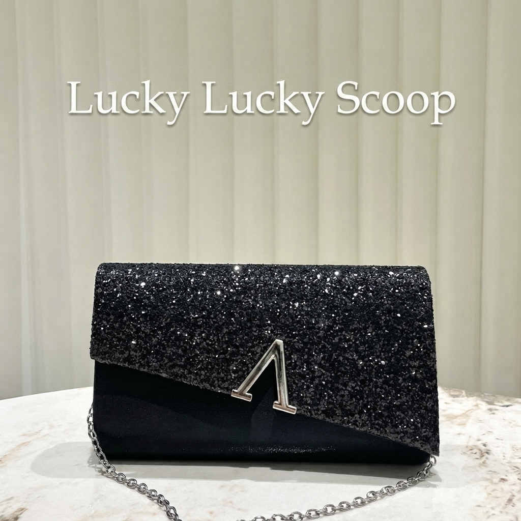 Elegant Glitter Evening Clutch Bag – Sparkling Black Party Envelope Purse with Chic Silver Letter Ornament