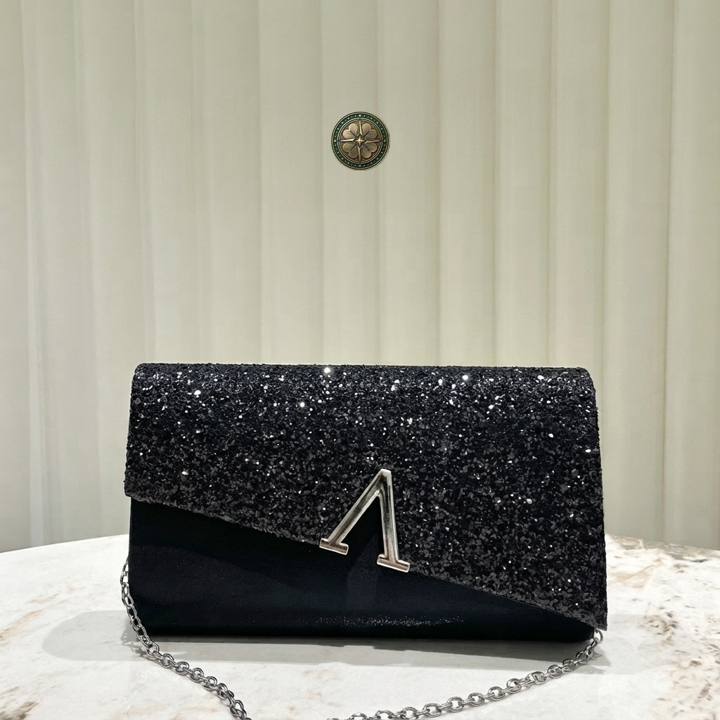 Elegant Glitter Evening Clutch Bag – Sparkling Black Party Envelope Purse with Chic Silver Letter Ornament